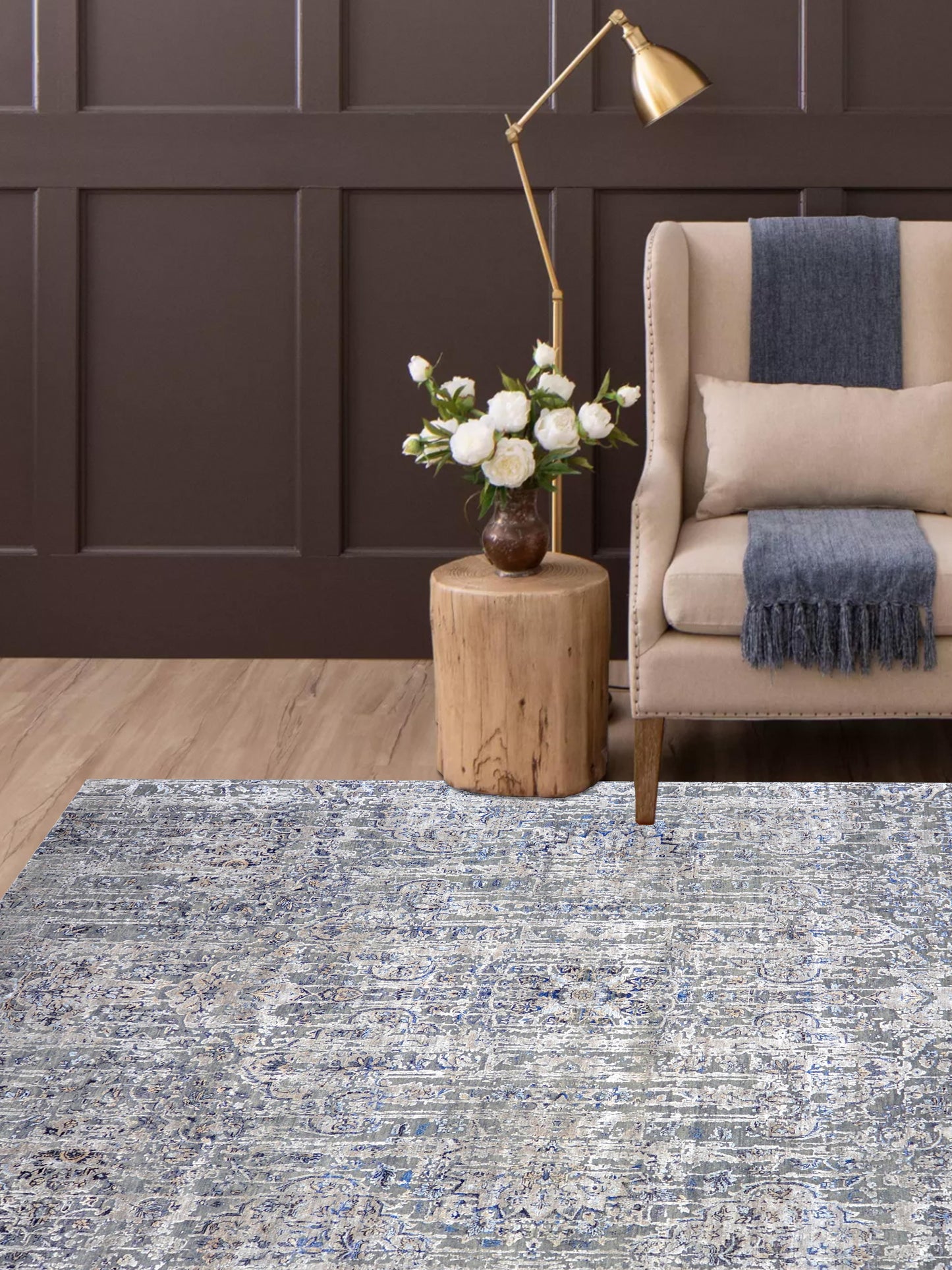 Grey, Blue Viscose & Wool Transitional Handknotted Area Rug 8.9x12.4ft 267x376Cms