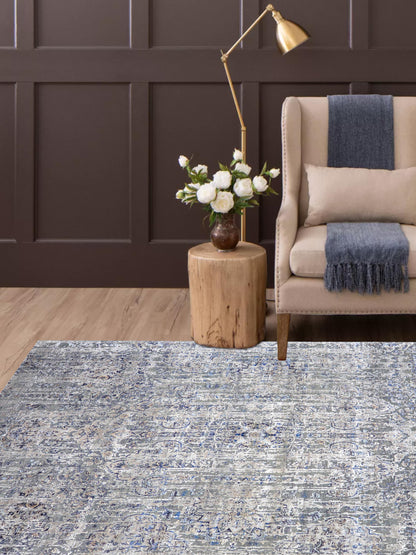 Grey, Blue Viscose & Wool Transitional Handknotted Area Rug 8.9x12.4ft 267x376Cms