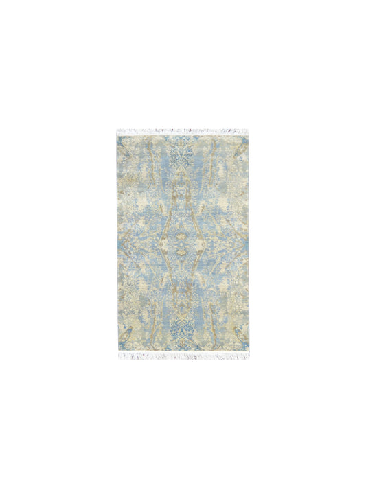 Grey and Blue, Silk and Wool Regular Modern Handknotted 3.0x4.11Ft 92x150Cms Area Rug