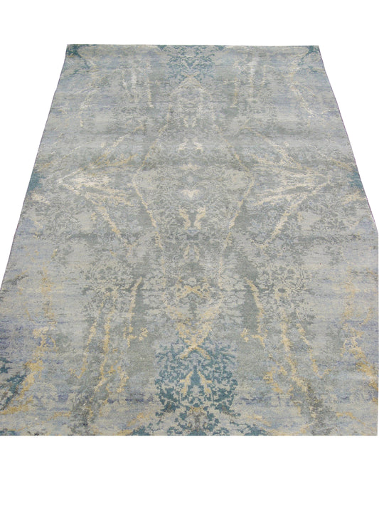 Grey and Blue, Silk and Wool Regular Modern Handknotted 3.0x4.11Ft 92x150Cms Area Rug