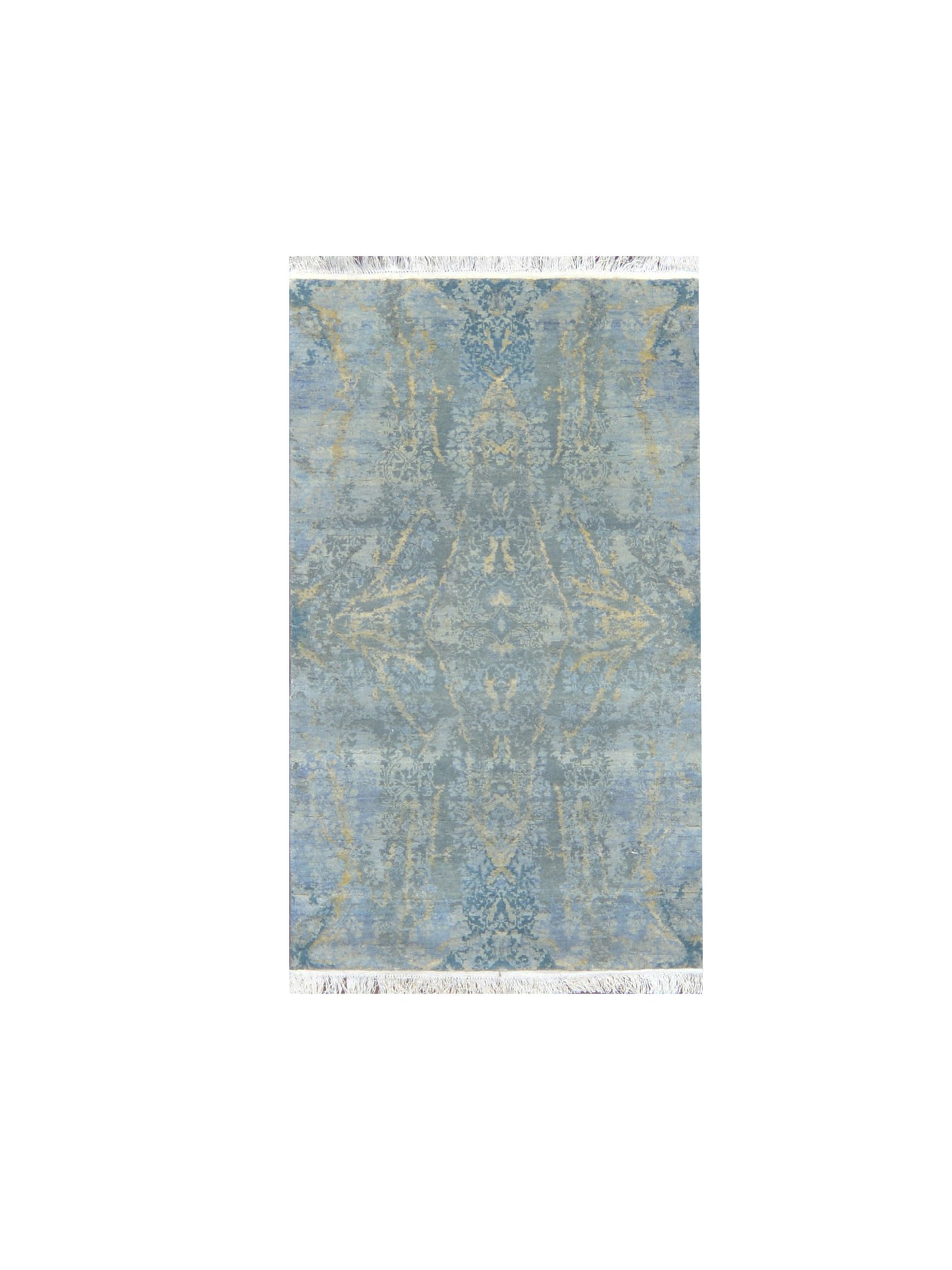 Blue and Grey, Silk and Wool Regular Modern Handknotted 3.0x5.0Ft 90x152Cms Area Rug