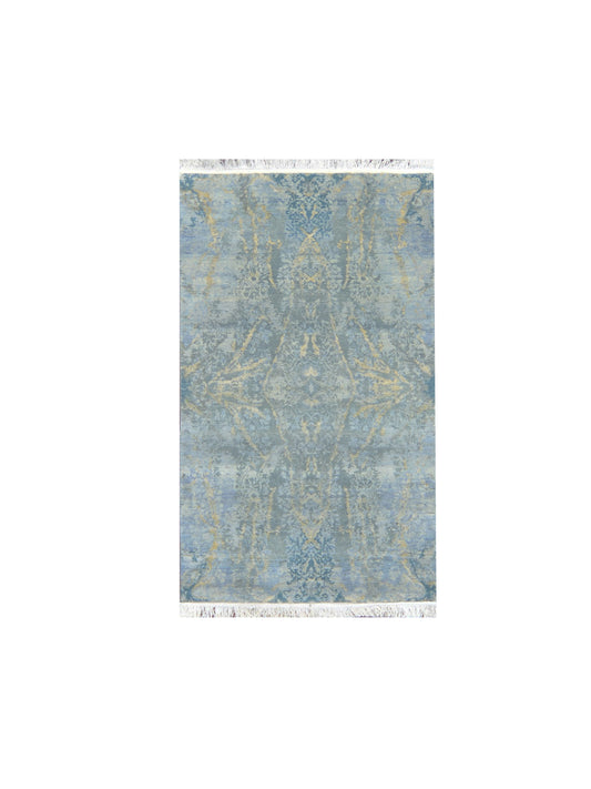 Blue and Grey, Silk and Wool Regular Modern Handknotted 3.0x5.0Ft 90x152Cms Area Rug
