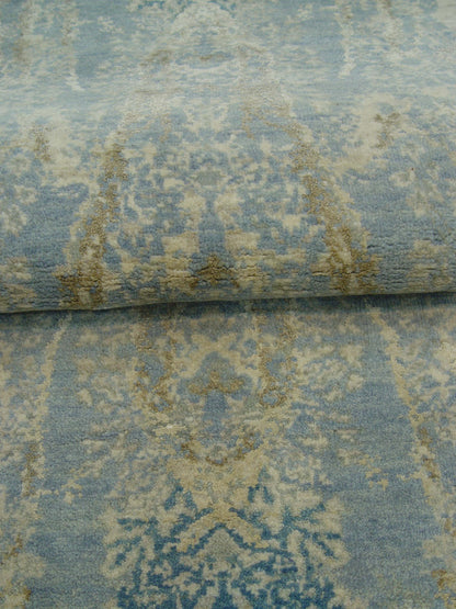 Blue and Grey, Silk and Wool Regular Modern Handknotted 3.0x5.0Ft 90x152Cms Area Rug