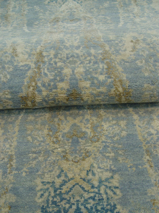 Blue and Grey, Silk and Wool Regular Modern Handknotted 3.0x5.0Ft 90x152Cms Area Rug