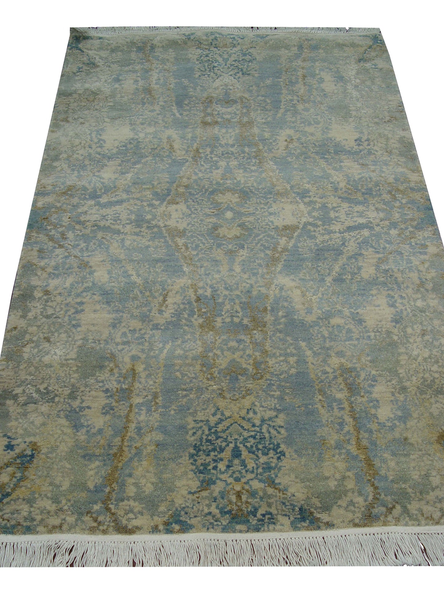 Blue and Grey, Silk and Wool Regular Modern Handknotted 3.0x5.0Ft 90x152Cms Area Rug