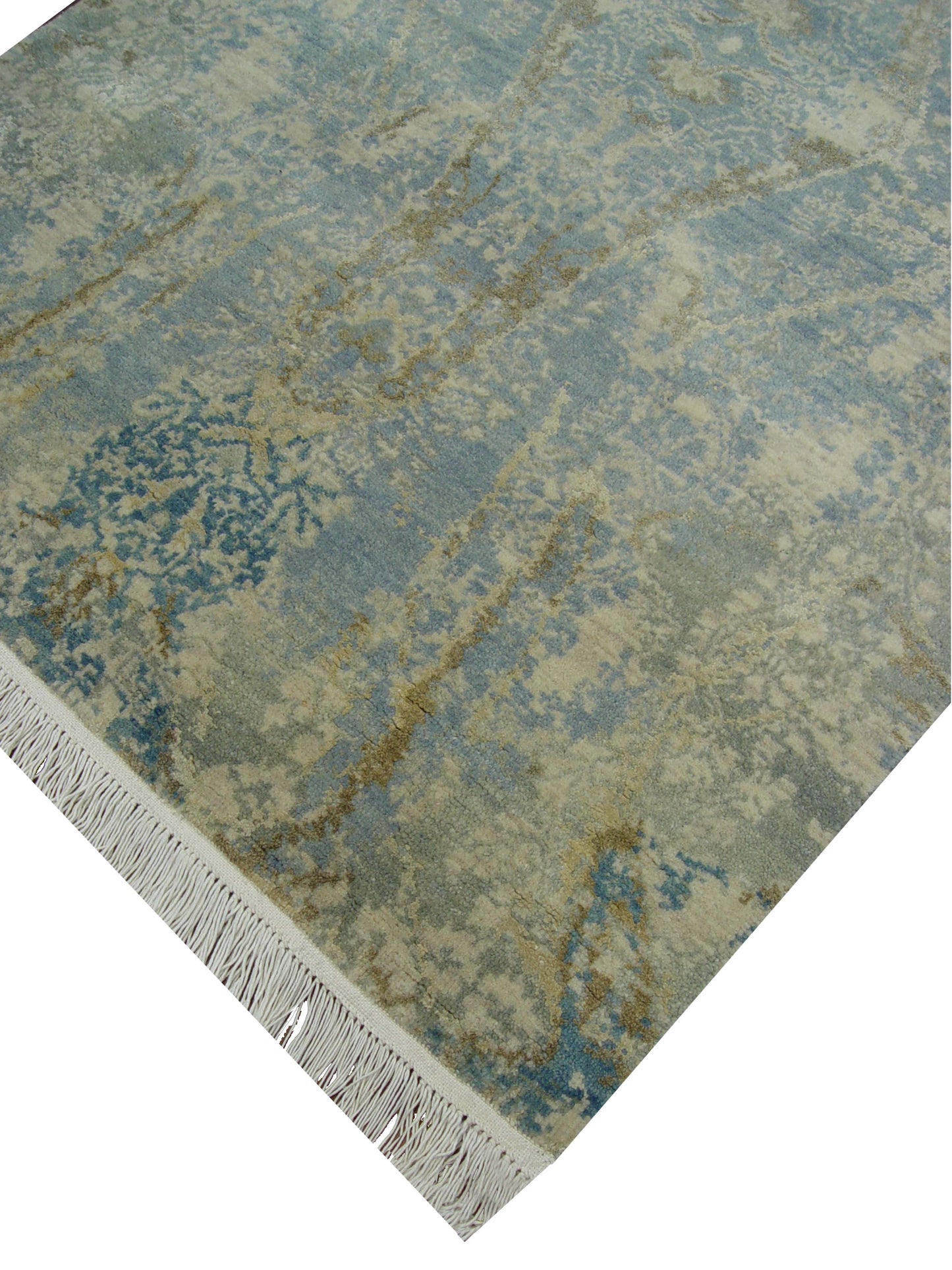 Blue and Grey, Silk and Wool Regular Modern Handknotted 3.0x5.0Ft 90x152Cms Area Rug