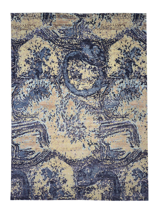 Blue, Ivory Viscose & Wool Modern Handknotted Area Rug 8.11x12.1ft 271x369Cms