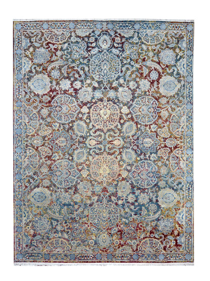 Blue Multy, Sari Silk and Wool Oxidized Traditional Handknotted 9.0x12.0Ft 275x365Cms Area Rug