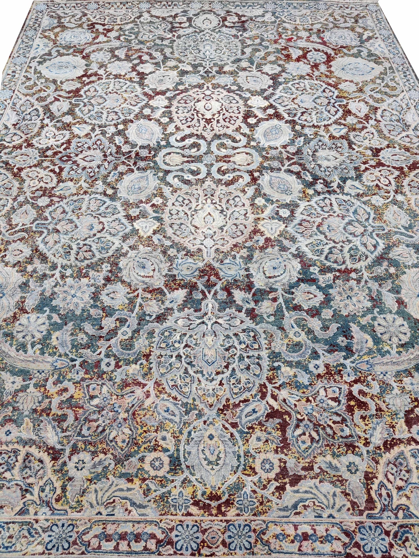 Blue Multy, Sari Silk and Wool Oxidized Traditional Handknotted 9.0x12.0Ft 275x365Cms Area Rug