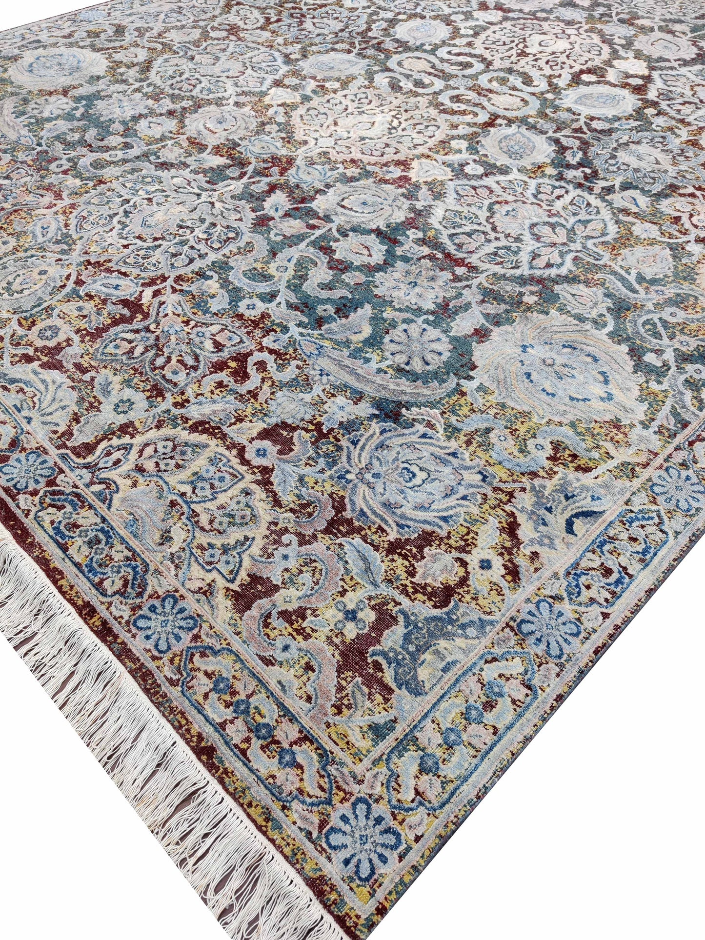 Blue Multy, Sari Silk and Wool Oxidized Traditional Handknotted 9.0x12.0Ft 275x365Cms Area Rug