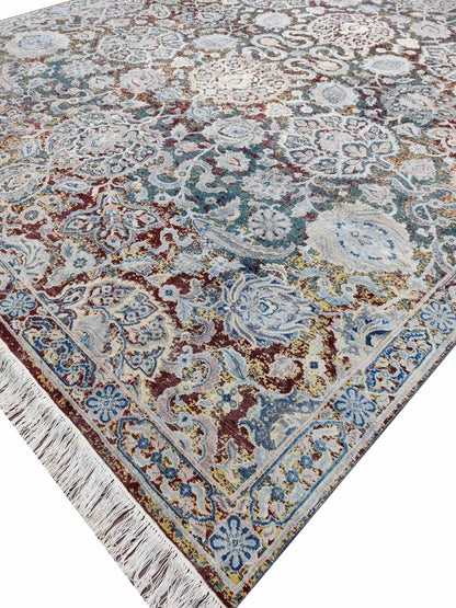 Blue Multy, Sari Silk and Wool Oxidized Traditional Handknotted 9.0x12.0Ft 275x365Cms Area Rug