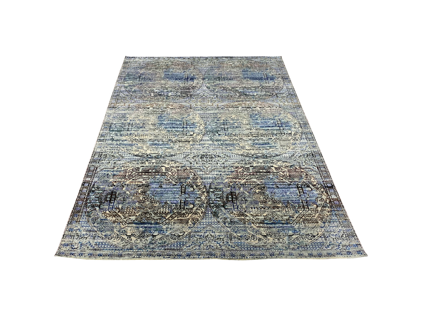 Blue Multi Silk, Wool Modern Area Rug 4.10x7.0ft 148x214Cms