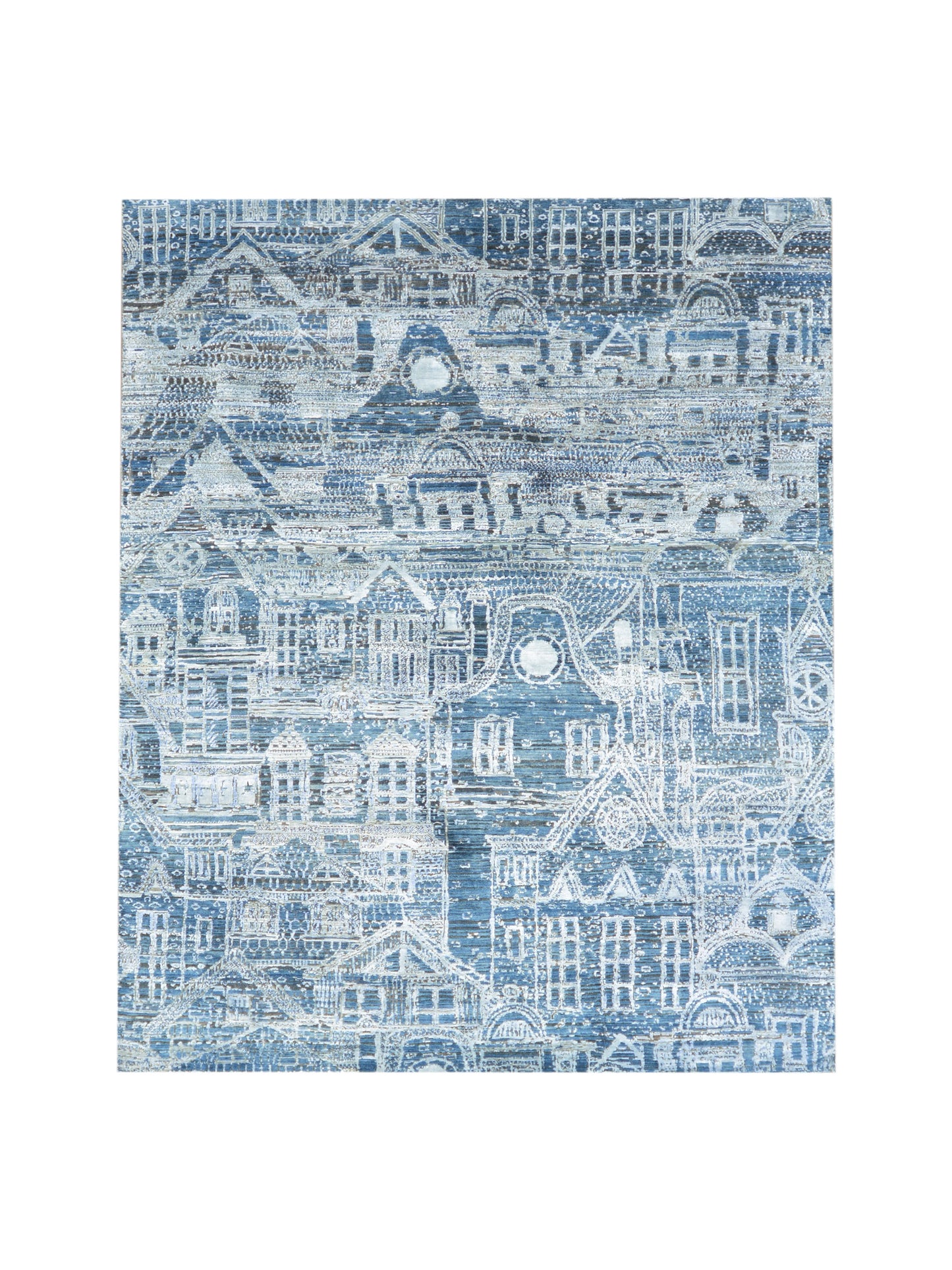 Blue, Silver Viscose and Wool Oxidized Modern Handknotted Area Rug 7.9x9.10ft 236x297Cms