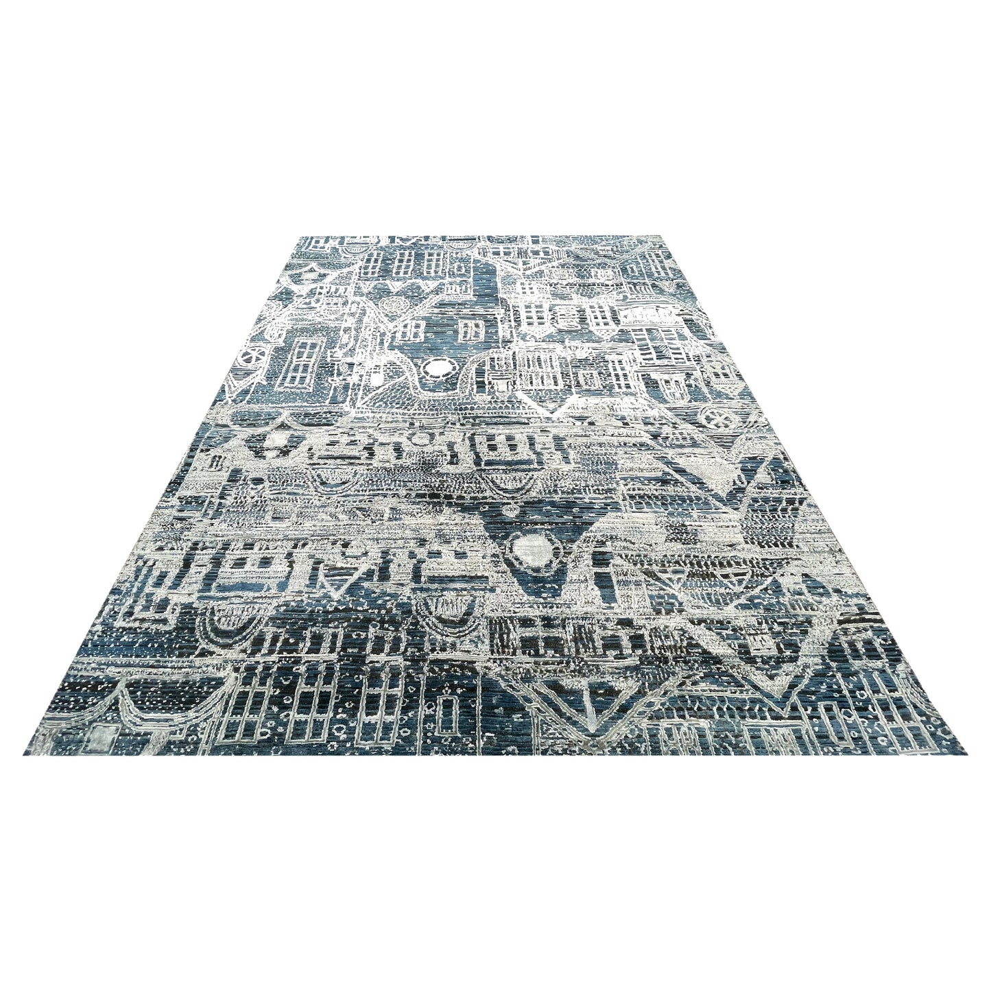 Blue, Silver Viscose and Wool Oxidized Modern Handknotted Area Rug 7.9x9.10ft 236x297Cms