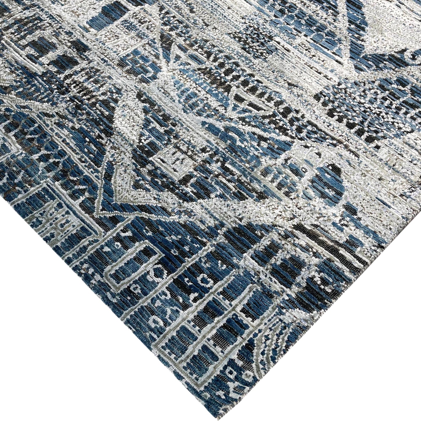 Blue, Silver Viscose and Wool Oxidized Modern Handknotted Area Rug 7.9x9.10ft 236x297Cms