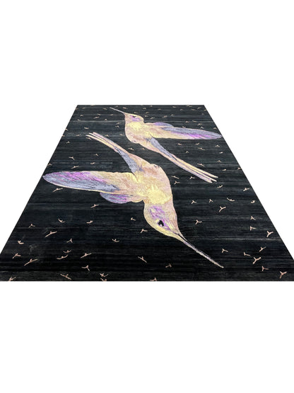 Black, Multy Sari Silk Modern Handknotted Area Rug 8.9x12.2ft 266x370Cms