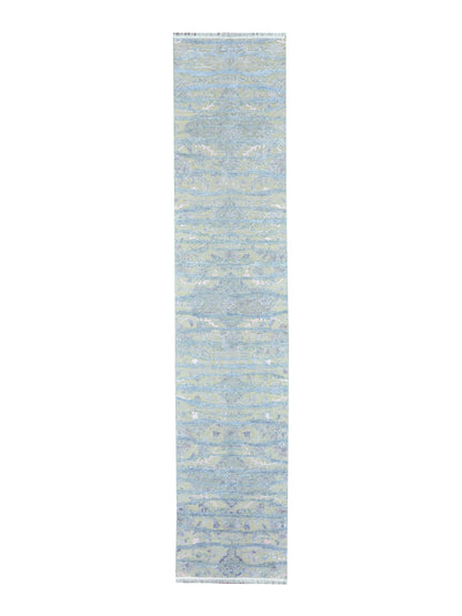 L.Blue and Beige, Viscose and Wool Oxidized Transitional Handknotted 2.6x12.0Ft 76x366Cms Area Rug