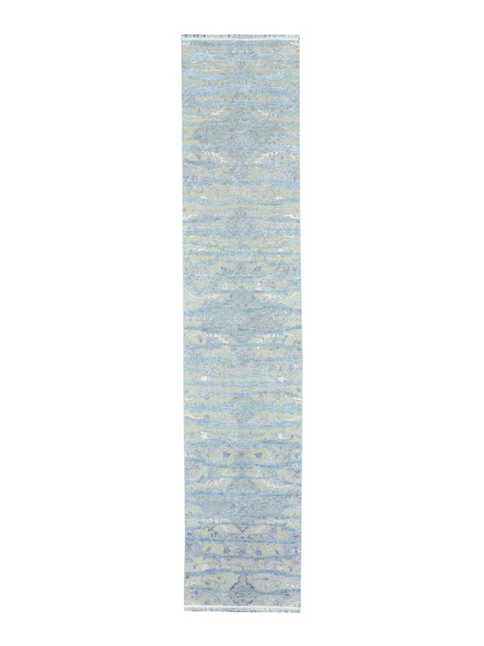L.Blue and Beige, Viscose and Wool Oxidized Transitional Handknotted 2.6x12.0Ft 76x366Cms Area Rug