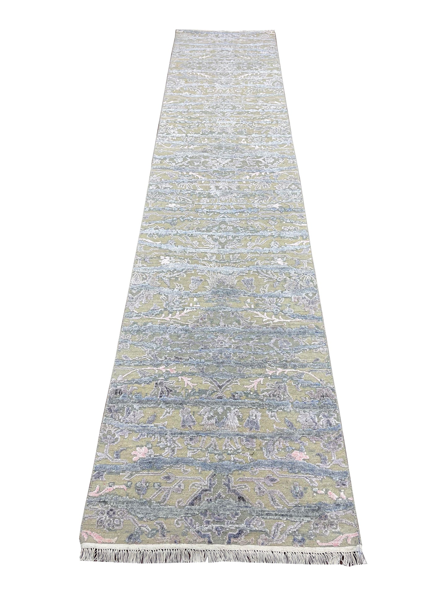 L.Blue and Beige, Viscose and Wool Oxidized Transitional Handknotted 2.6x12.0Ft 76x366Cms Area Rug