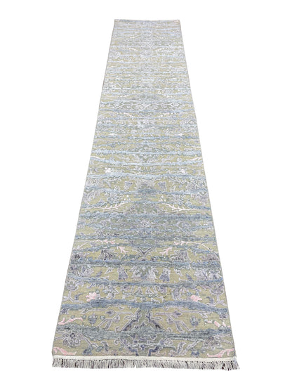 L.Blue and Beige, Viscose and Wool Oxidized Transitional Handknotted 2.6x12.0Ft 76x366Cms Area Rug
