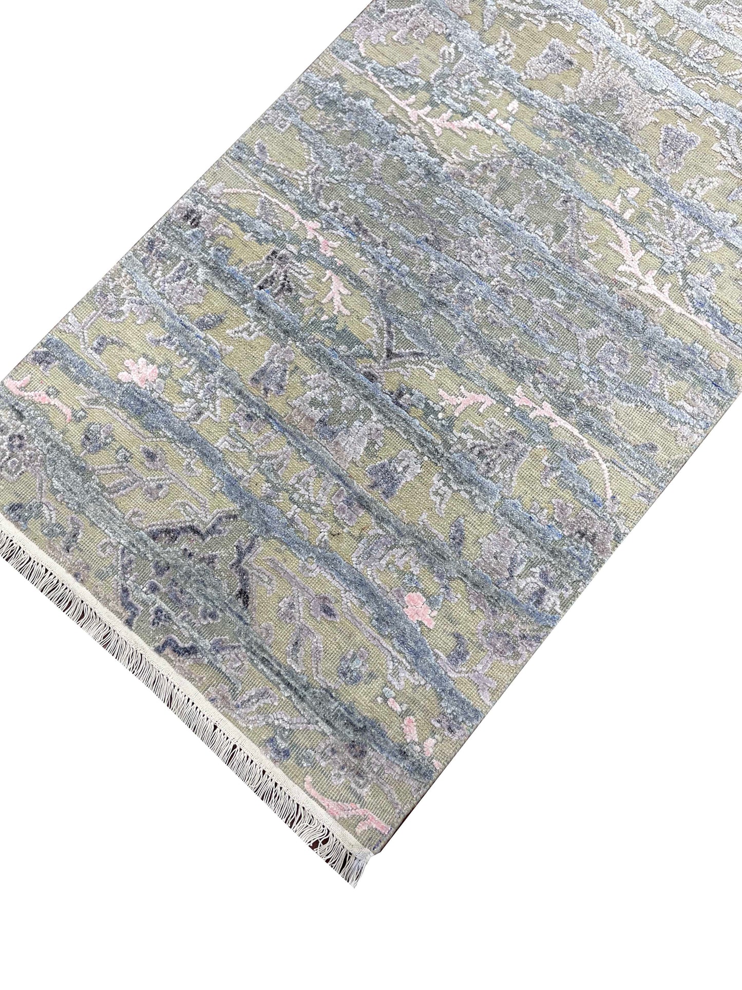 L.Blue and Beige, Viscose and Wool Oxidized Transitional Handknotted 2.6x12.0Ft 76x366Cms Area Rug