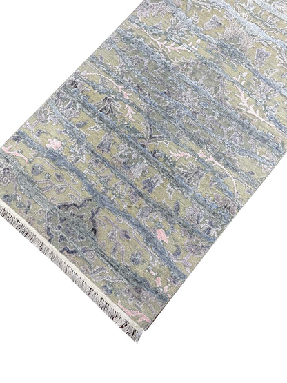 L.Blue and Beige, Viscose and Wool Oxidized Transitional Handknotted 2.6x12.0Ft 76x366Cms Area Rug