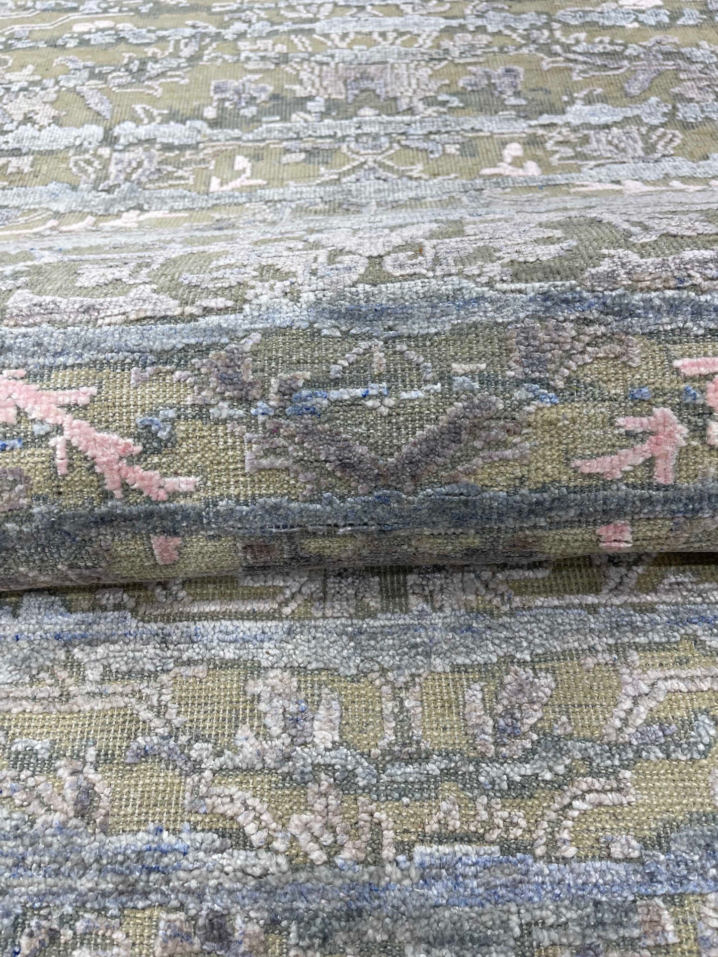 L.Blue and Beige, Viscose and Wool Oxidized Transitional Handknotted 2.6x12.0Ft 76x366Cms Area Rug