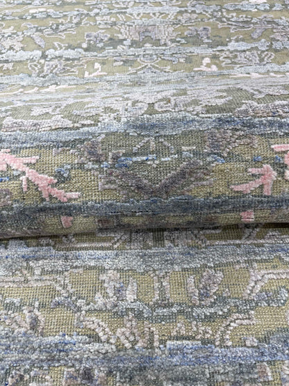 L.Blue and Beige, Viscose and Wool Oxidized Transitional Handknotted 2.6x12.0Ft 76x366Cms Area Rug