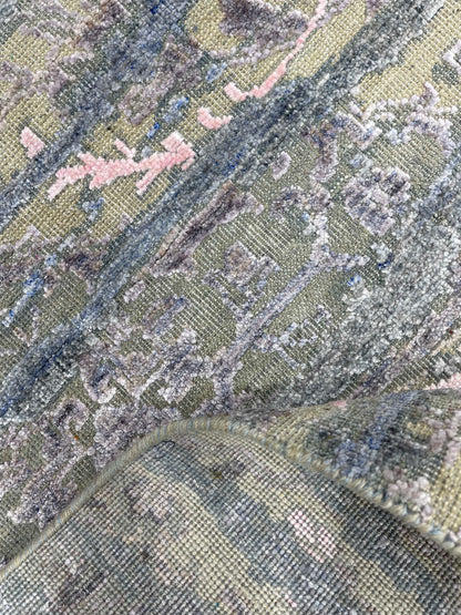 L.Blue and Beige, Viscose and Wool Oxidized Transitional Handknotted 2.6x12.0Ft 76x366Cms Area Rug