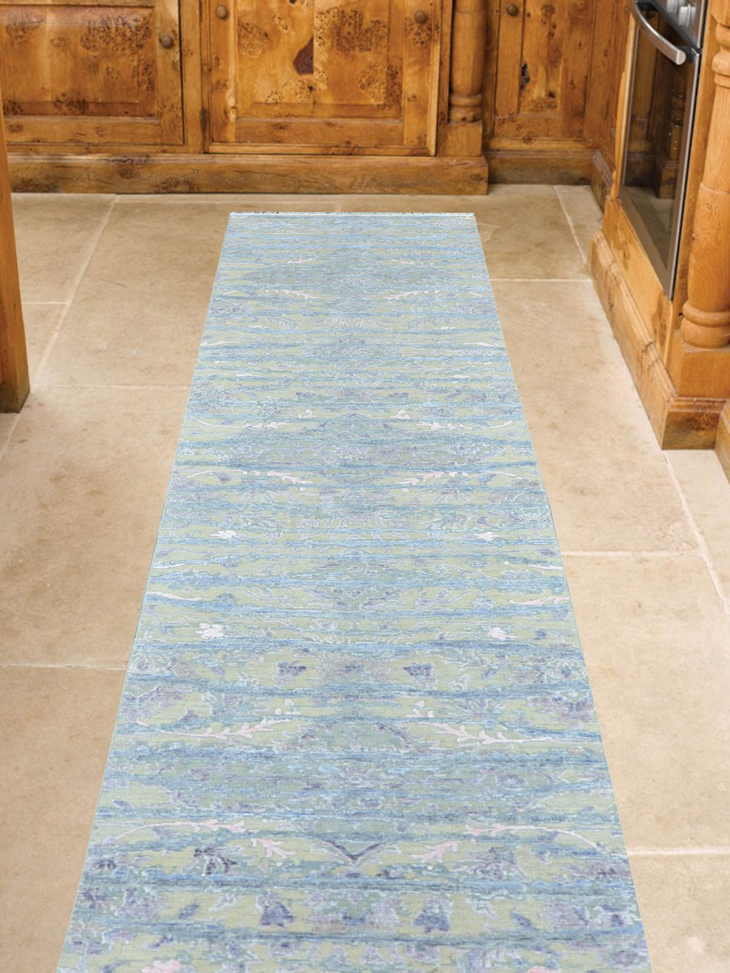 L.Blue and Beige, Viscose and Wool Oxidized Transitional Handknotted 2.6x12.0Ft 76x366Cms Area Rug