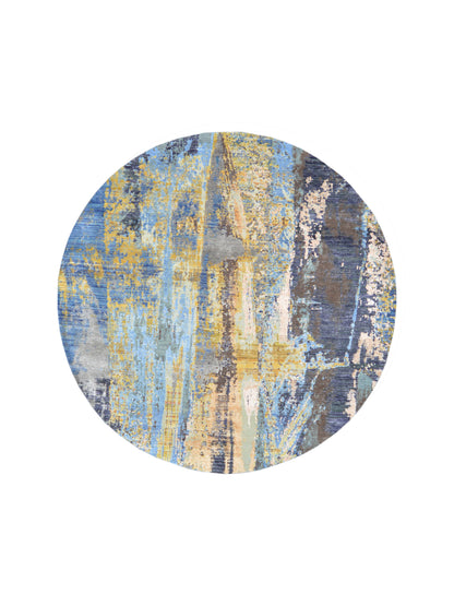 Blue, Gold, Grey and Beige Silk and Wool Modern Handknotted Rond Rug