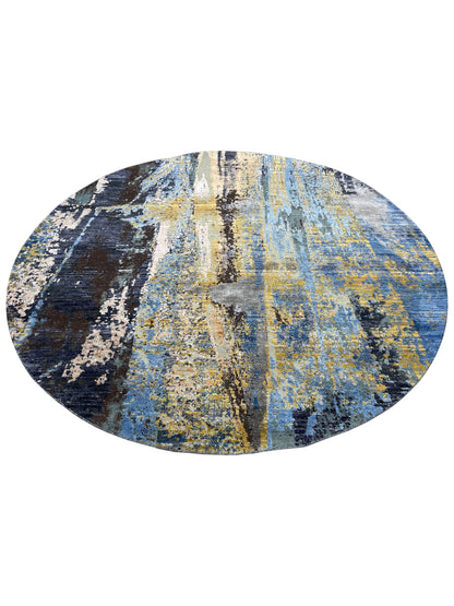 Blue, Gold, Grey and Beige Silk and Wool Modern Handknotted Rond Rug