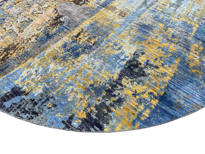 Blue, Gold, Grey and Beige Silk and Wool Modern Handknotted Rond Rug