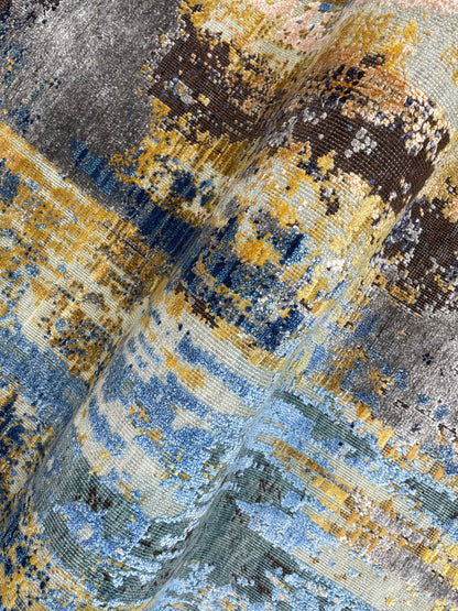 Blue, Gold, Grey and Beige Silk and Wool Modern Handknotted Rond Rug