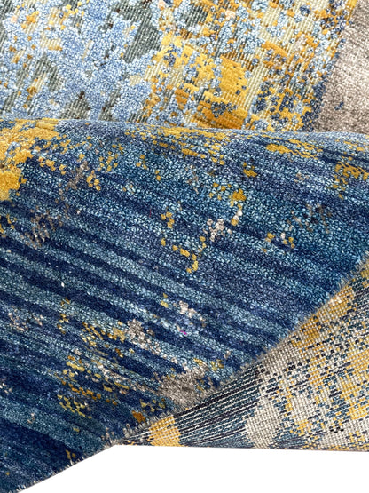 Blue, Gold, Grey and Beige Silk and Wool Modern Handknotted Rond Rug