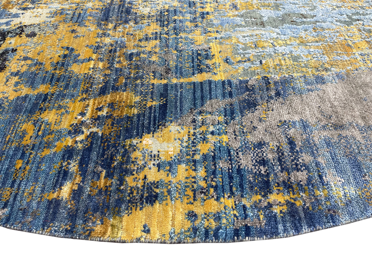 Blue, Gold, Grey and Beige Silk and Wool Modern Handknotted Rond Rug