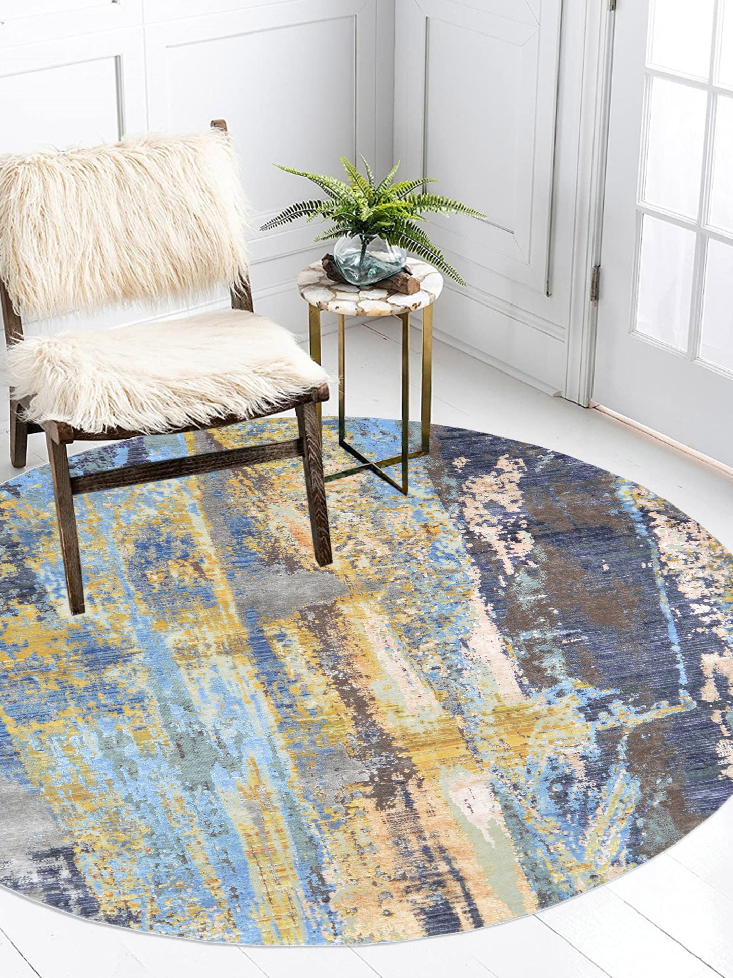 Blue, Gold, Grey and Beige Silk and Wool Modern Handknotted Rond Rug