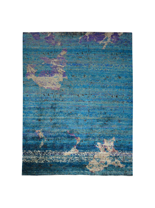 Aqua Blue and Multy Modern Erased Abstract Pure Silk Handknotted Area Rug