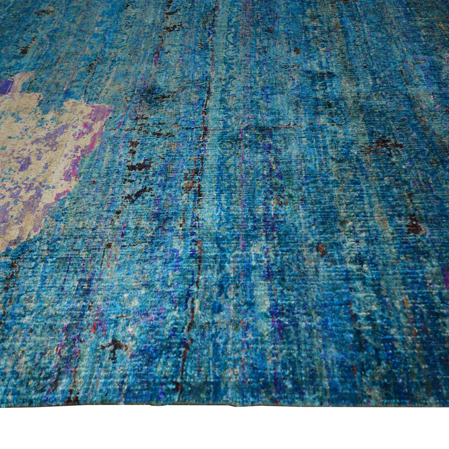 Get trendy with Aqua Blue and Multy Modern Erased Abstract Pure Silk Handknotted Area Rug - Modern Rugs available at Jaipur Oriental Rugs. Grab yours for $5940.00 today!