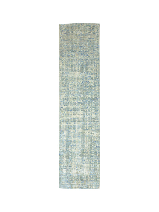 Grey, Ivory and Blue Silk and Wool Modern Textured Handknotted Runner Rug