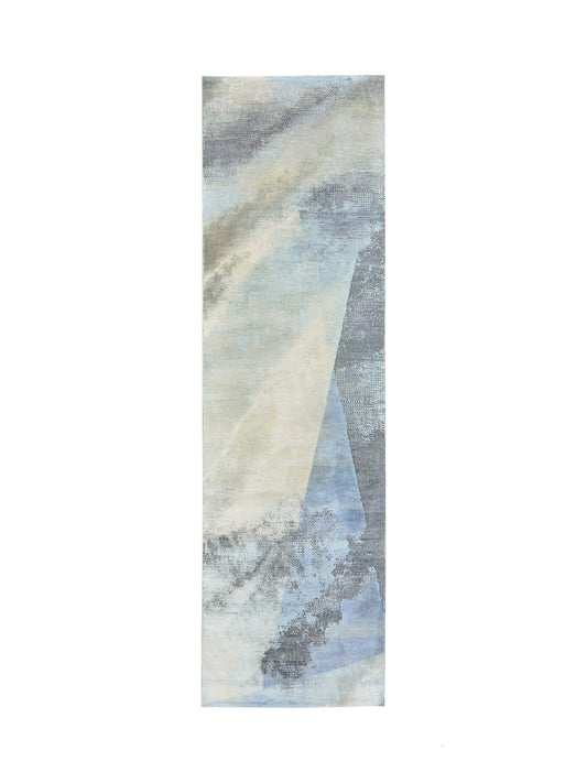 Grey, Blue and Ivory Silk and Wool Modern Textured Handknotted Runner Rug