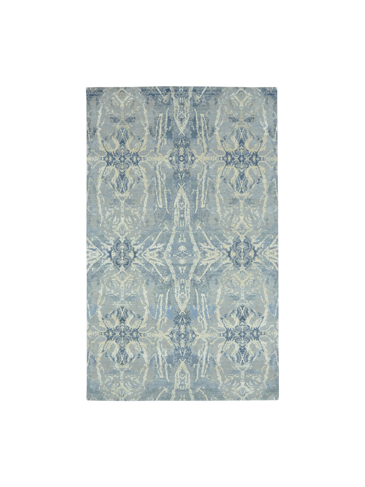 Ivory, Grey and Blue Silk and Wool Modern Abstract Handknotted Area Rug