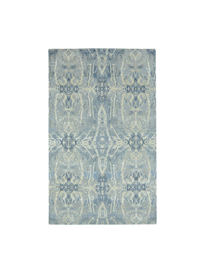 Ivory, Grey and Blue Silk and Wool Modern Abstract Handknotted Area Rug