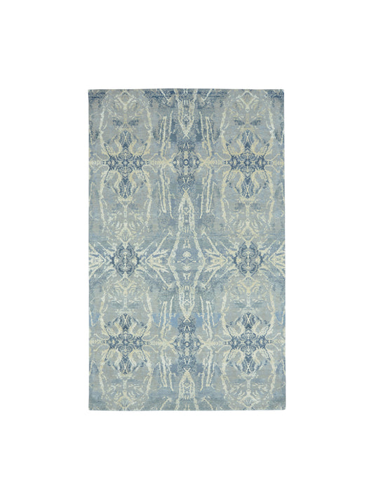 Ivory, Grey and Blue Silk and Wool Modern Abstract Handknotted Area Rug