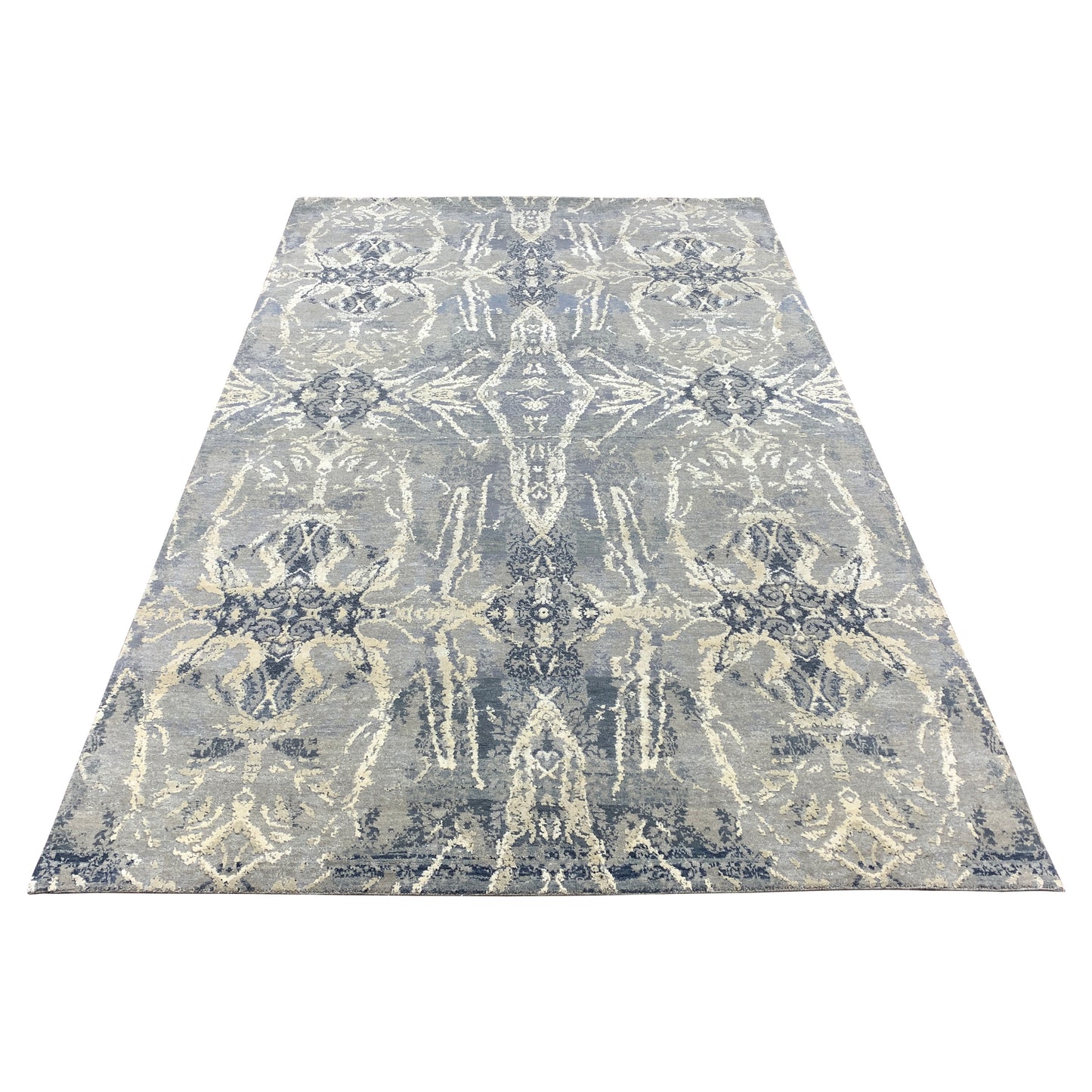 Ivory, Grey and Blue Silk and Wool Modern Abstract Handknotted Area Rug