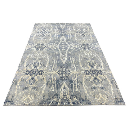 Ivory, Grey and Blue Silk and Wool Modern Abstract Handknotted Area Rug