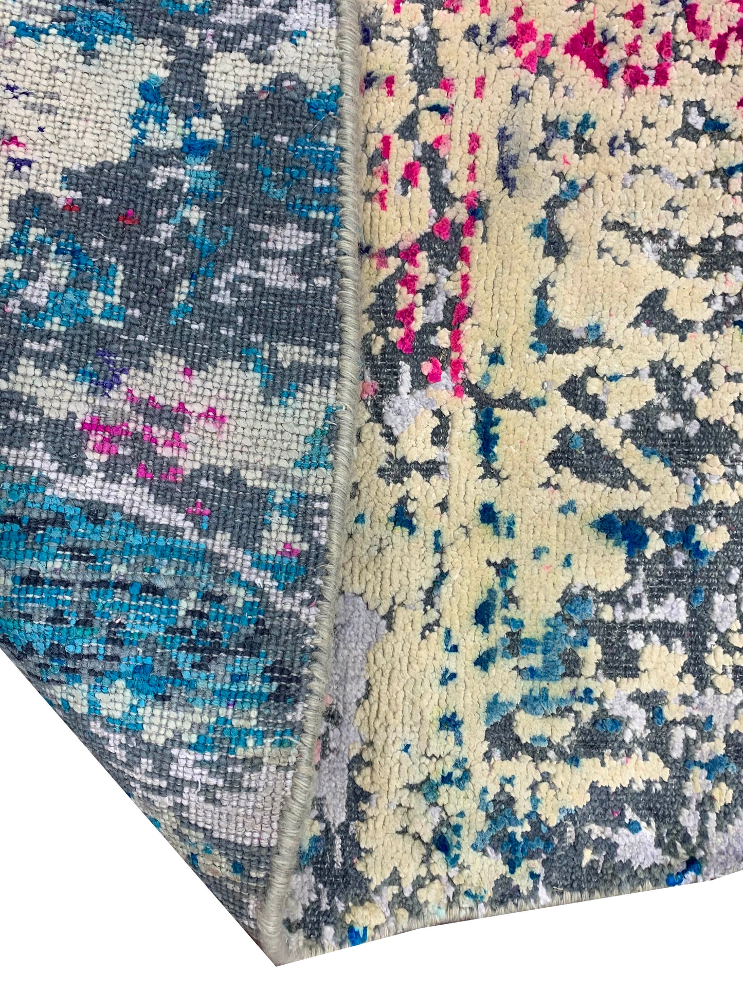 Blue, Ivory, Grey, and Pink Sari Silk and Wool Modern Handknotted Rond Rug