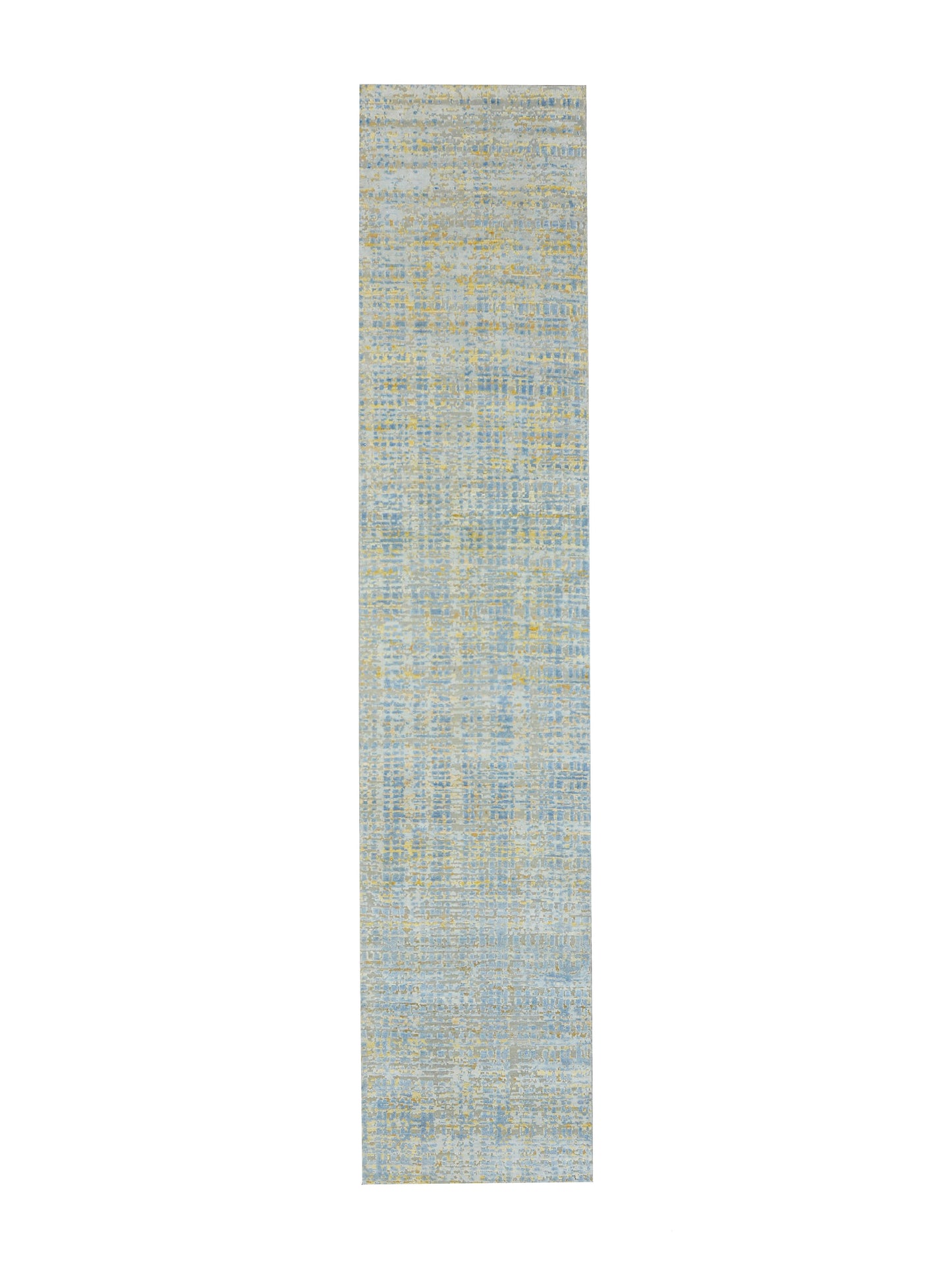 Yellow and L.Blue, Silk and Wool Oxidized Modern Handknotted 2.6x12.0Ft 75x365Cms Area Rug