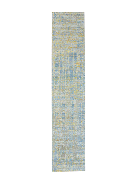 Yellow and L.Blue, Silk and Wool Oxidized Modern Handknotted 2.6x12.0Ft 75x365Cms Area Rug