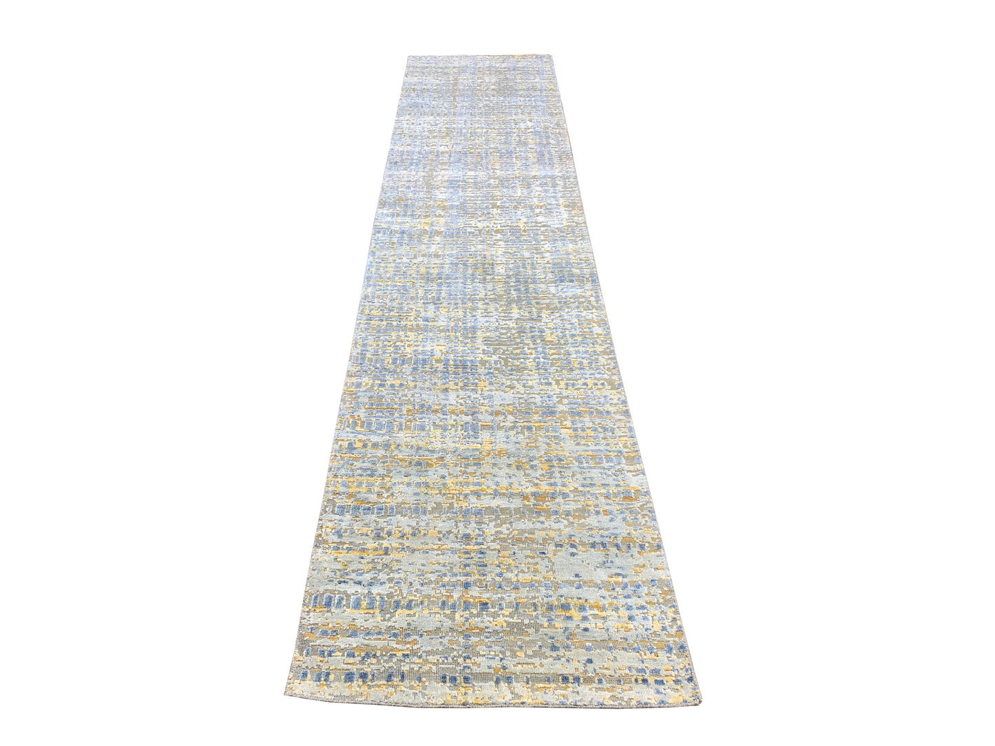 Yellow and L.Blue, Silk and Wool Oxidized Modern Handknotted 2.6x12.0Ft 75x365Cms Area Rug